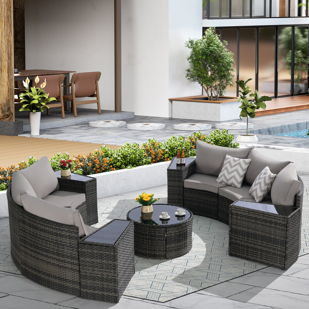 Outdoor Patio Furniture 11-Piece Half-Moon Sectional Round Patio Furniture Set Sofa with Tempered Glass Round Coffee Table