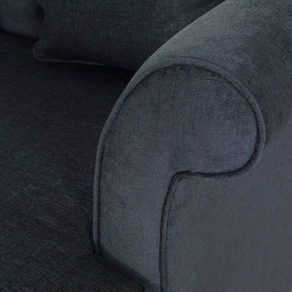 Upholstered Chaise Lounge with Scroll Arms, Turned Legs and 2 Pillows, Charcoal