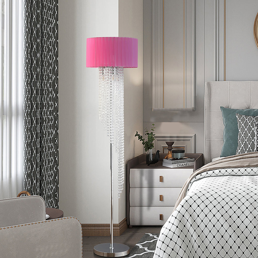 65.75'H Sheer Hot Pink Drum Shade Rain Crystal Chrome Metal Floor Lamp for Living Room, Standing Lamp for Bedroom