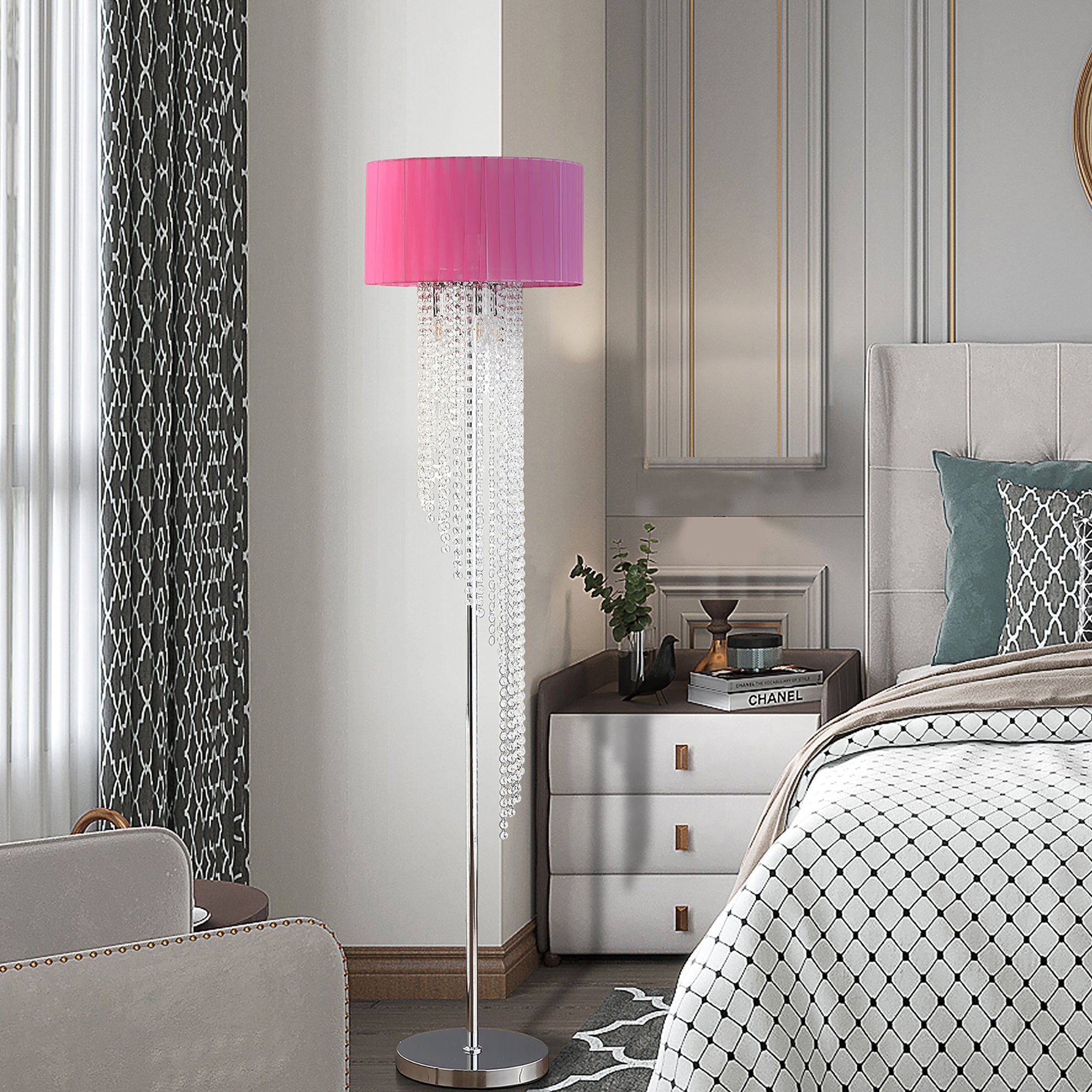 65.75'H Sheer Hot Pink Drum Shade Rain Crystal Chrome Metal Floor Lamp for Living Room, Standing Lamp for Bedroom
