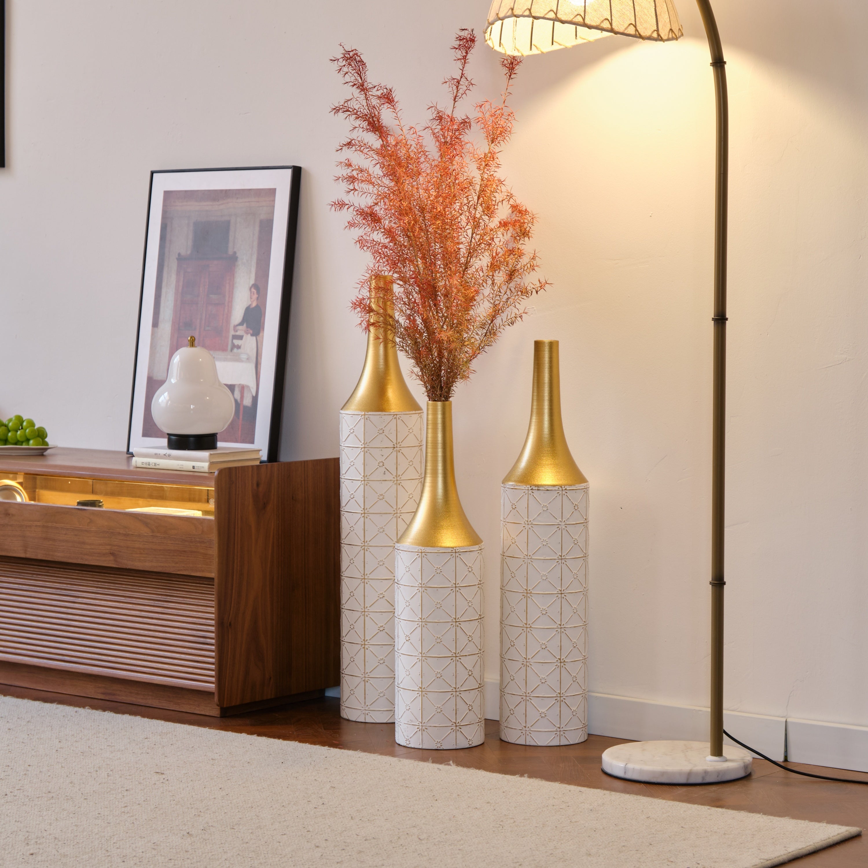 Floor Metal Vases Decorated White Metal Vases Set of 3 Gorgeous Home Decoration Large Glazed Metal Vases 24in/28.7in/33.5in Height