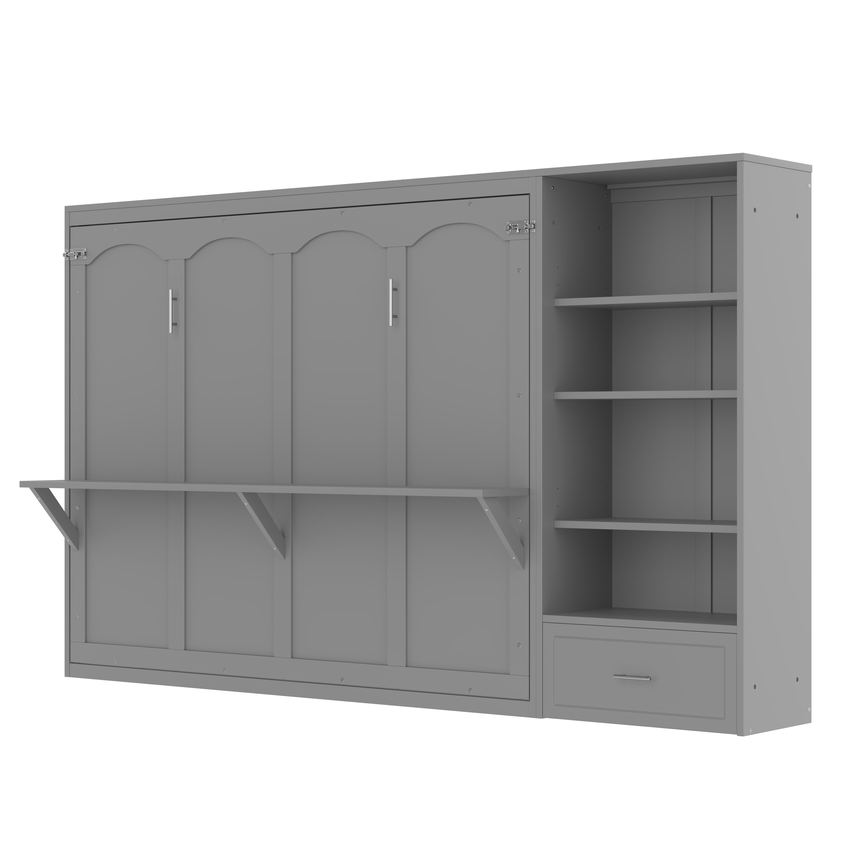 Queen Size Murphy Bed with Height Adjustable Storage Compartments and Shelf, Wall Bed Frame With 1 Drawer, Multifunctional Foldable Platform Bed for Small Space,Bedroom,Guest Room, Gray