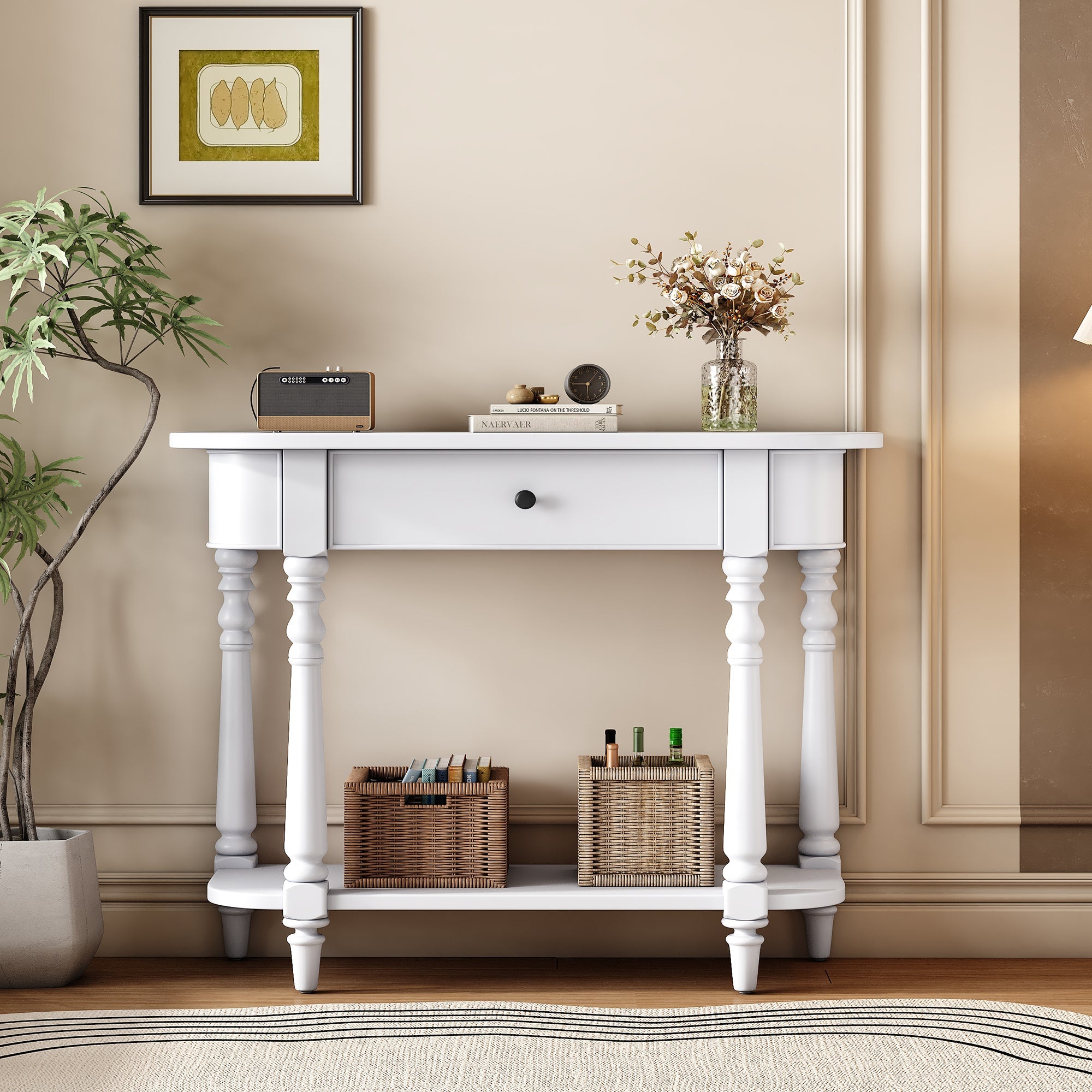 TREXM Narrow Console Table with Curved Corner, Retro Entryway Table with Top Drawer and Open Shelf, Sofa Table Console Tables for Entryway, Hallway and Living Room (White)