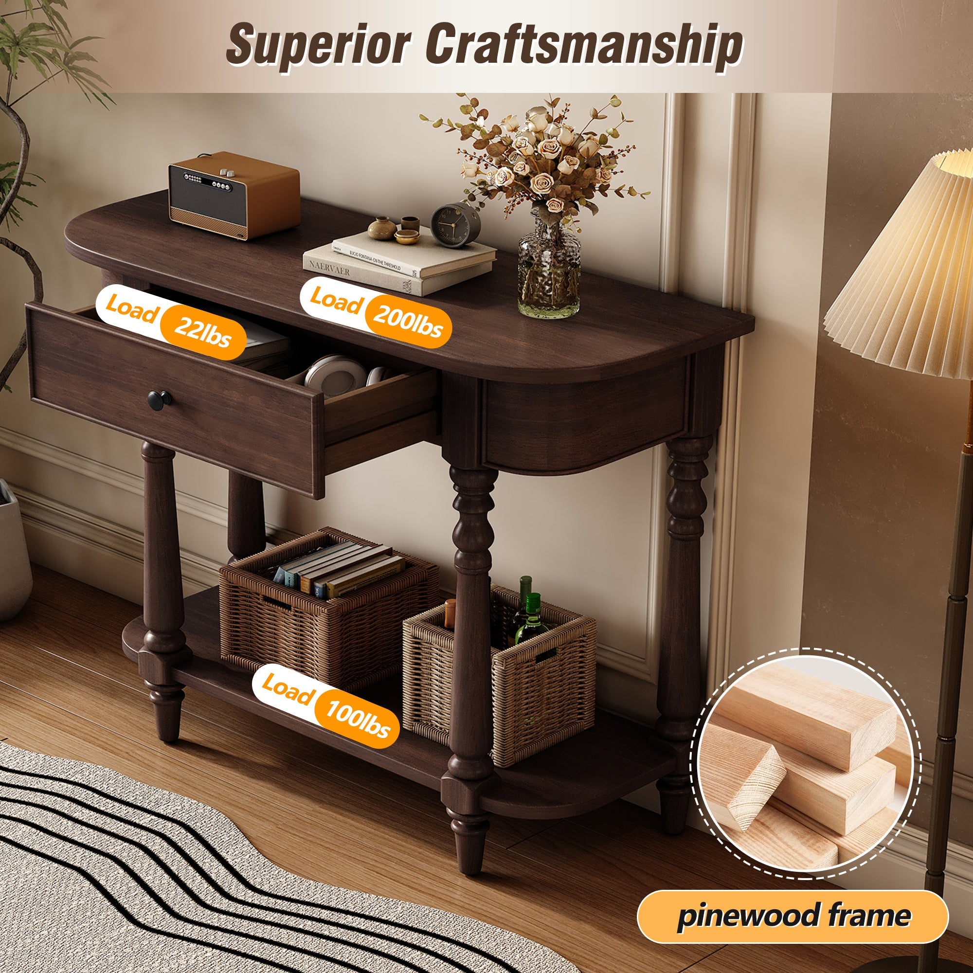 TREXM Narrow Console Table with Curved Corner, Retro Entryway Table with Top Drawer and Open Shelf, Sofa Table Console Tables for Entryway, Hallway and Living Room (Espresso)