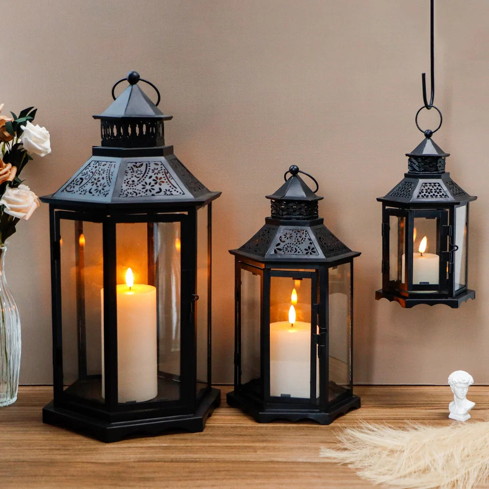 Set of 3 18''&13"&10"High Black Hexagonal Decorative Hanging Lantern