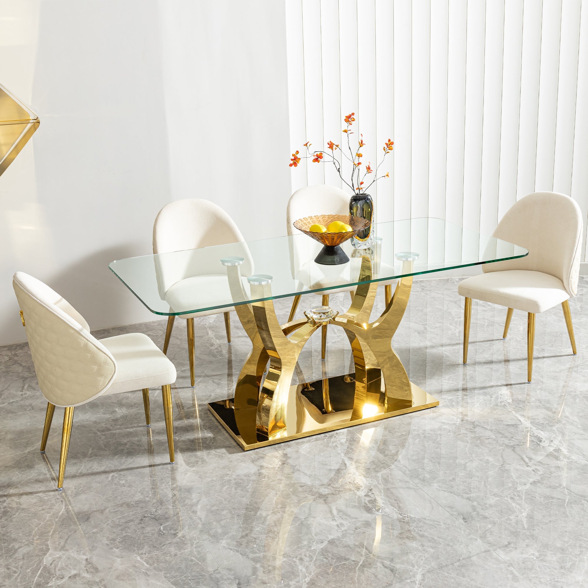 70.08 in. Tempered Clear Glass Rectangular Dining Table with Gold Stainless Steel Base, 0.47 in. Thickness