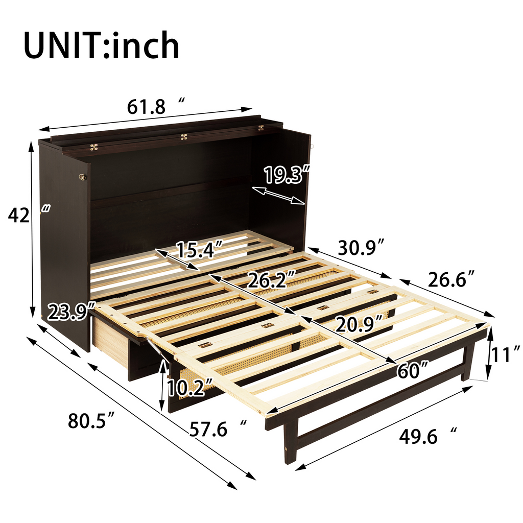 Queen Size Murphy Bed, Pine Wood Cabinet Bed with Rattan Decoration and Storage Drawer,Espresso