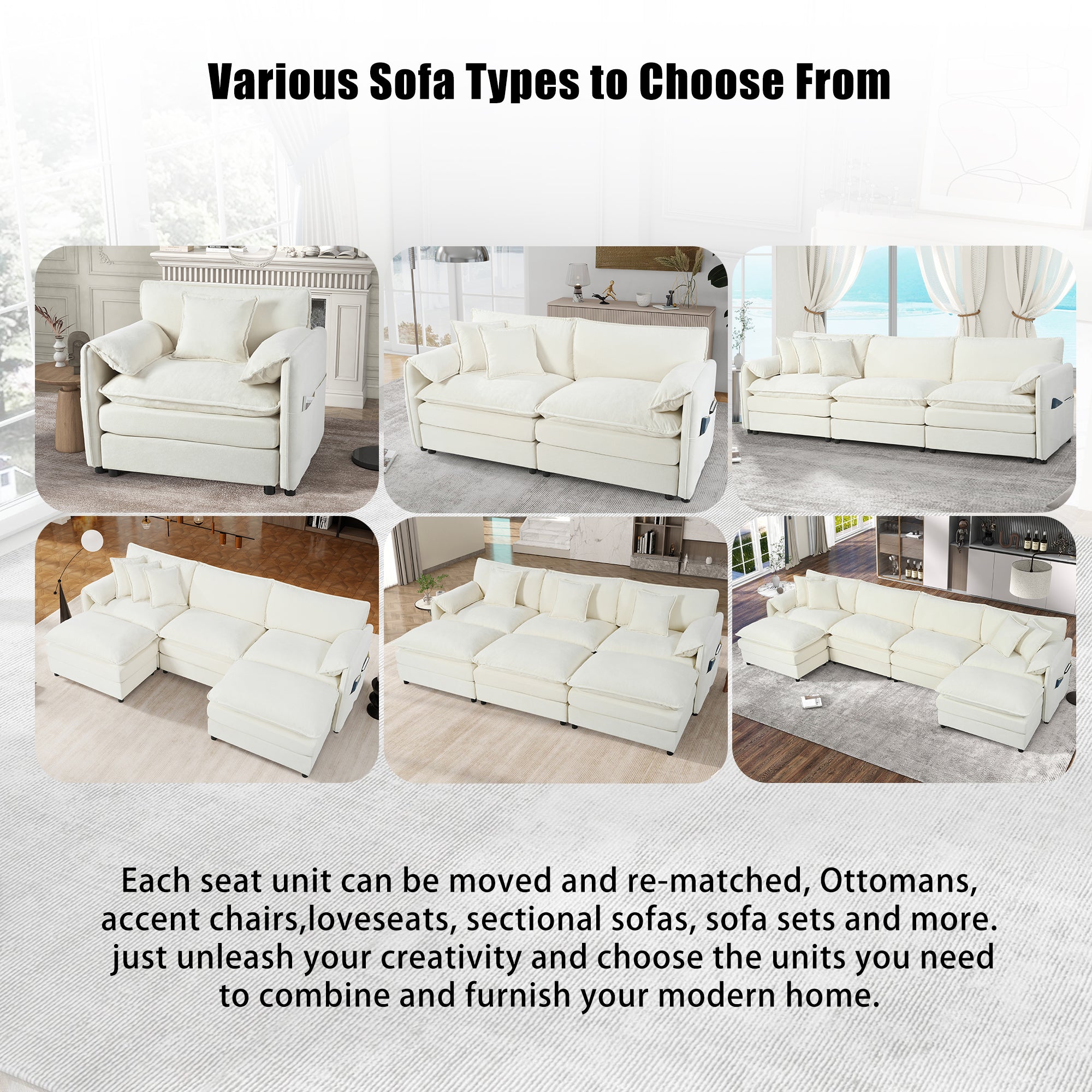 Modular Sectional Sofa, Oversized Deep Seat L Shaped Couch Set for Living Room, 3-Seater Comfy Cloud Couches with Movable Ottoman, DIY Combination, Chenille,Beige