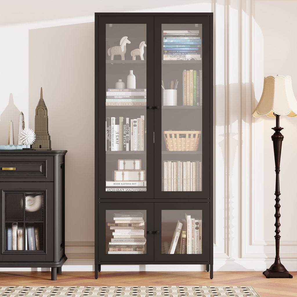 Large Metal Storage Cabinet Display Cabinet with 4 Glass Doors 5 Shelves Side Cabinet Bookcase Freestanding Cabinet for Bedroom Living Room Pantry Home Office - Black, Reinforced Tempered Glass