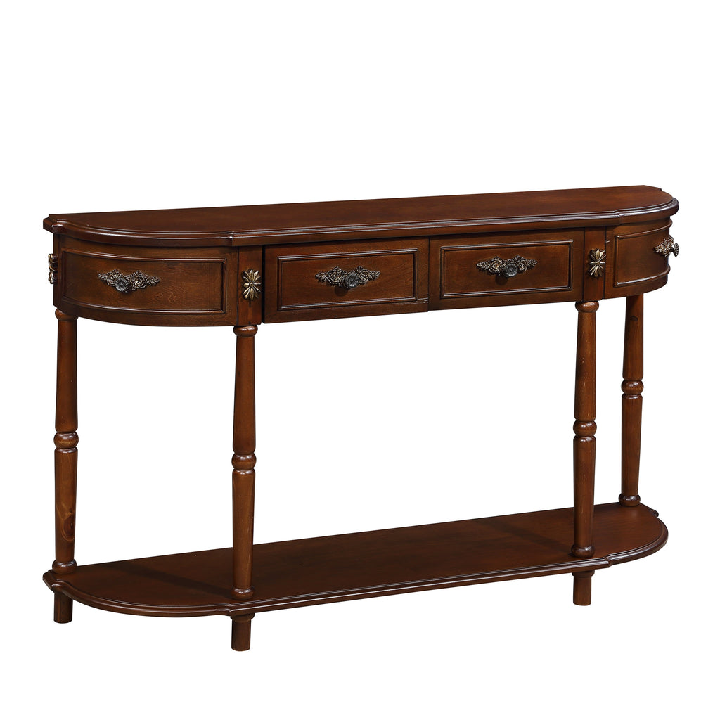 Retro Curved Wood Console Table, 52 inch Circular Half Moon Sofa Table with Open Shelf and 2 Drawers, Solid Wood Entry Table for Living Room, Hallway, Cherry