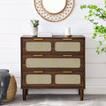 3 drawer dresser, modern rattan dresser cabinet with wide drawers and metal handles, farmhouse wooden storage chest of drawers for room, living room, hallway, entrance, office
