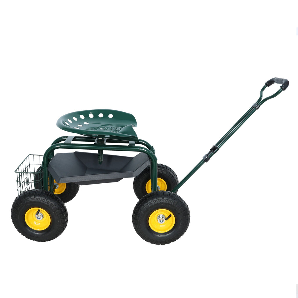 Garden trolley Rolling work chair with wheels, garden stool for planting, 360 degree swivel seat, station wagon scooter with steering handle and utility tray, for yard and outdoors, (green)