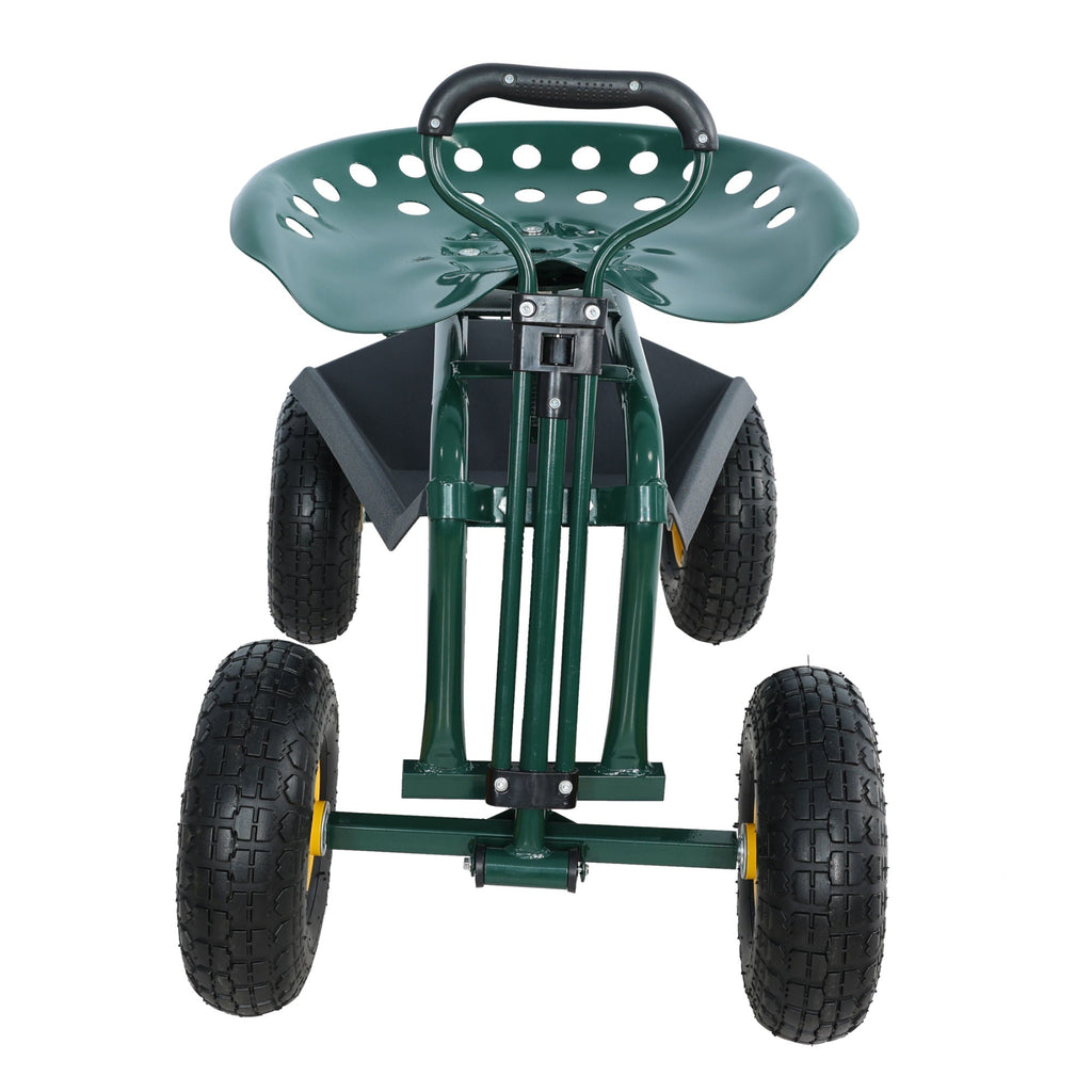 Garden trolley Rolling work chair with wheels, garden stool for planting, 360 degree swivel seat, station wagon scooter with steering handle and utility tray, for yard and outdoors, (green)