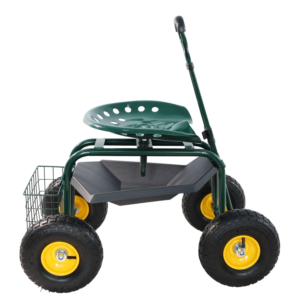 Garden trolley Rolling work chair with wheels, garden stool for planting, 360 degree swivel seat, station wagon scooter with steering handle and utility tray, for yard and outdoors, (green)