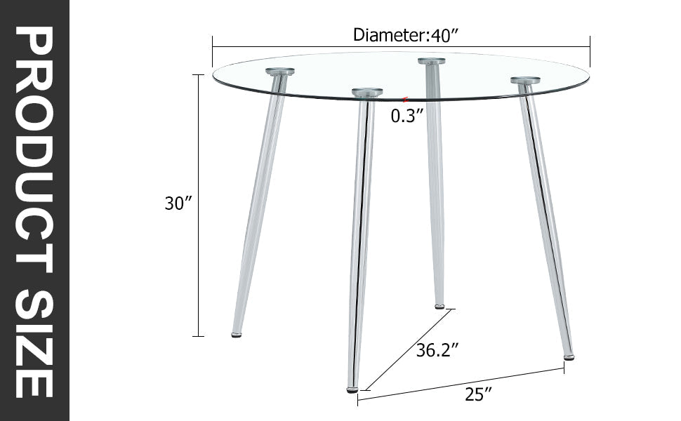 A glass tabletop with a diameter of 40 inches and a modern minimalist circular dining table with silver metal legs.Suitable for living rooms, and conference rooms.W1151S03392