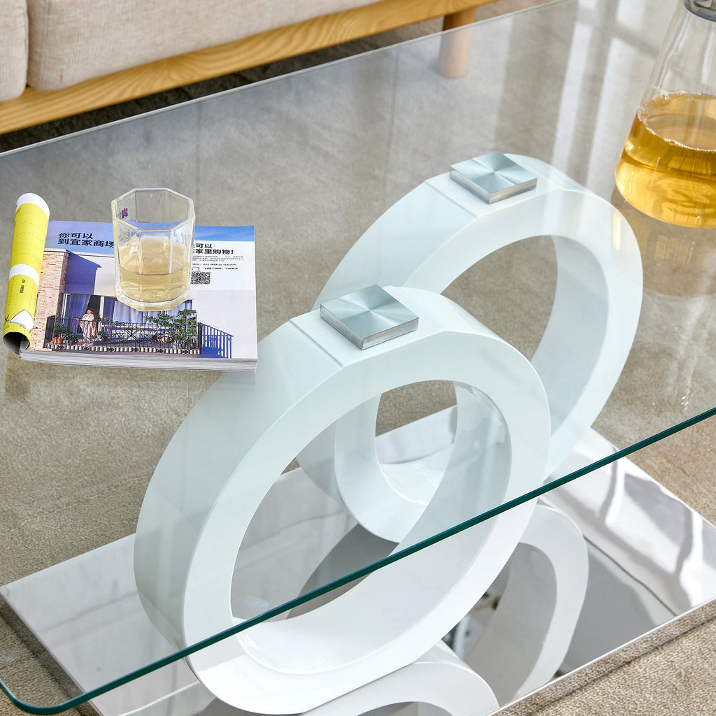 Rectangular modern and fashionable coffee table with tempered glass tabletop and white legs. Suitable for living room.47.2"*25.4"*17.9"
