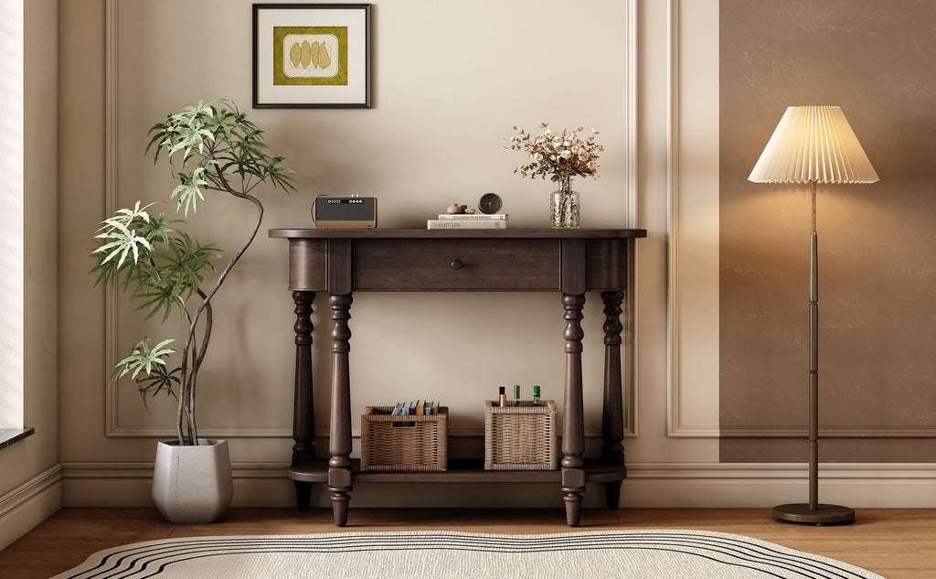 TREXM Narrow Console Table with Curved Corner, Retro Entryway Table with Top Drawer and Open Shelf, Sofa Table Console Tables for Entryway, Hallway and Living Room (Espresso)