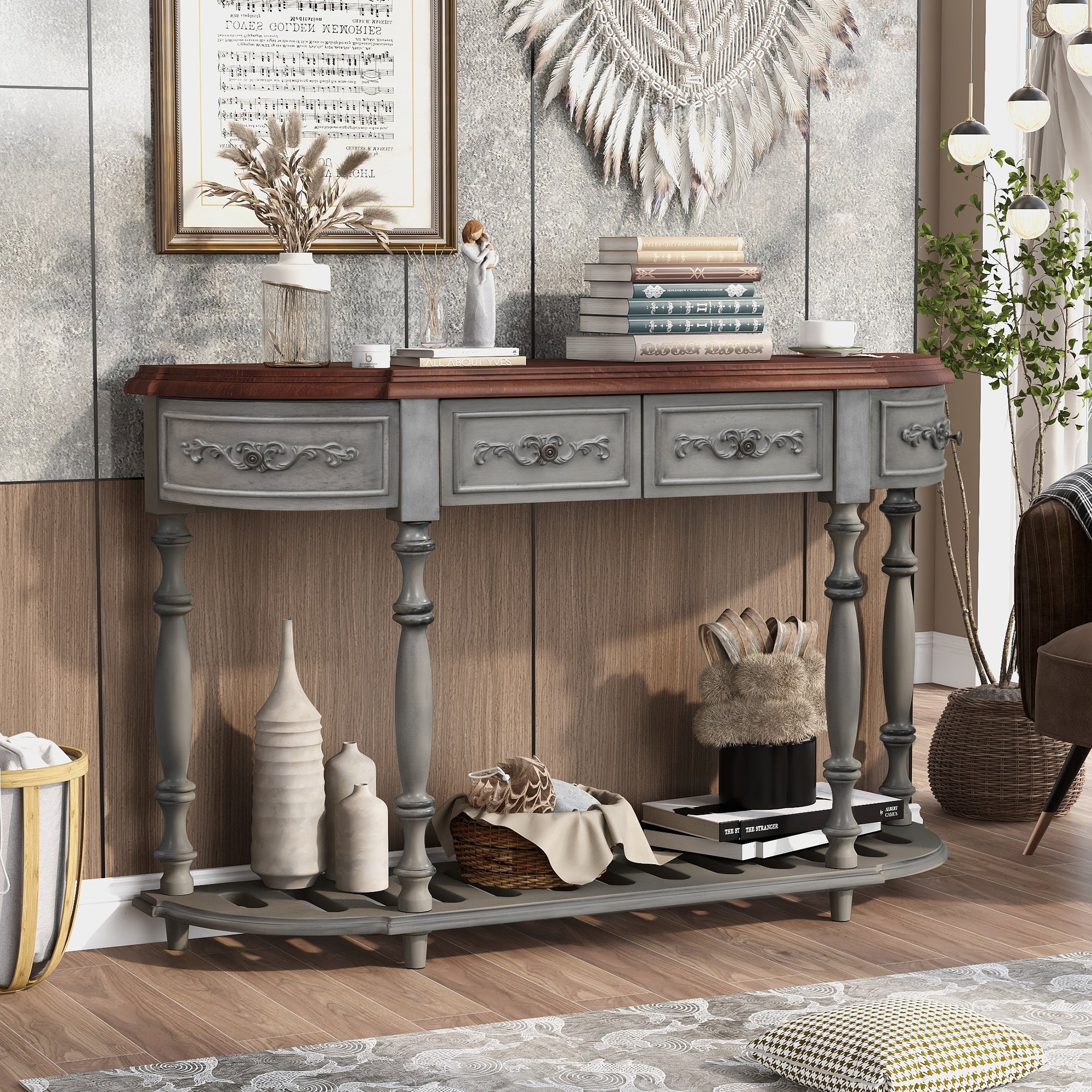 U_STYLE 52''Modern and Contemporary Curved Console Table Sofa Table Entryway Table for Hallway Living Room with 4 Drawers and 1 Shelf