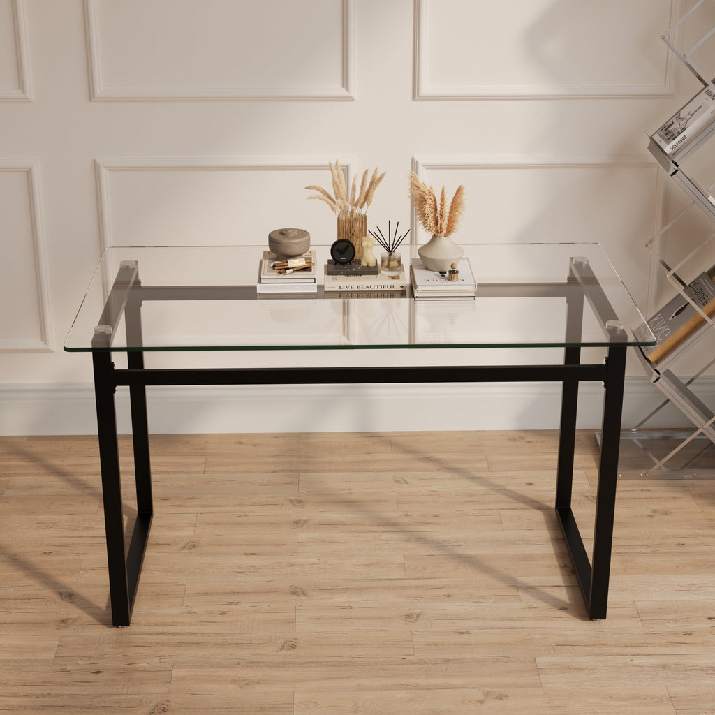 Modern Minimalist Rectangular Glass Dining Table for 4-6 with Tempered Glass Tabletop and Black Chrome Metal Legs