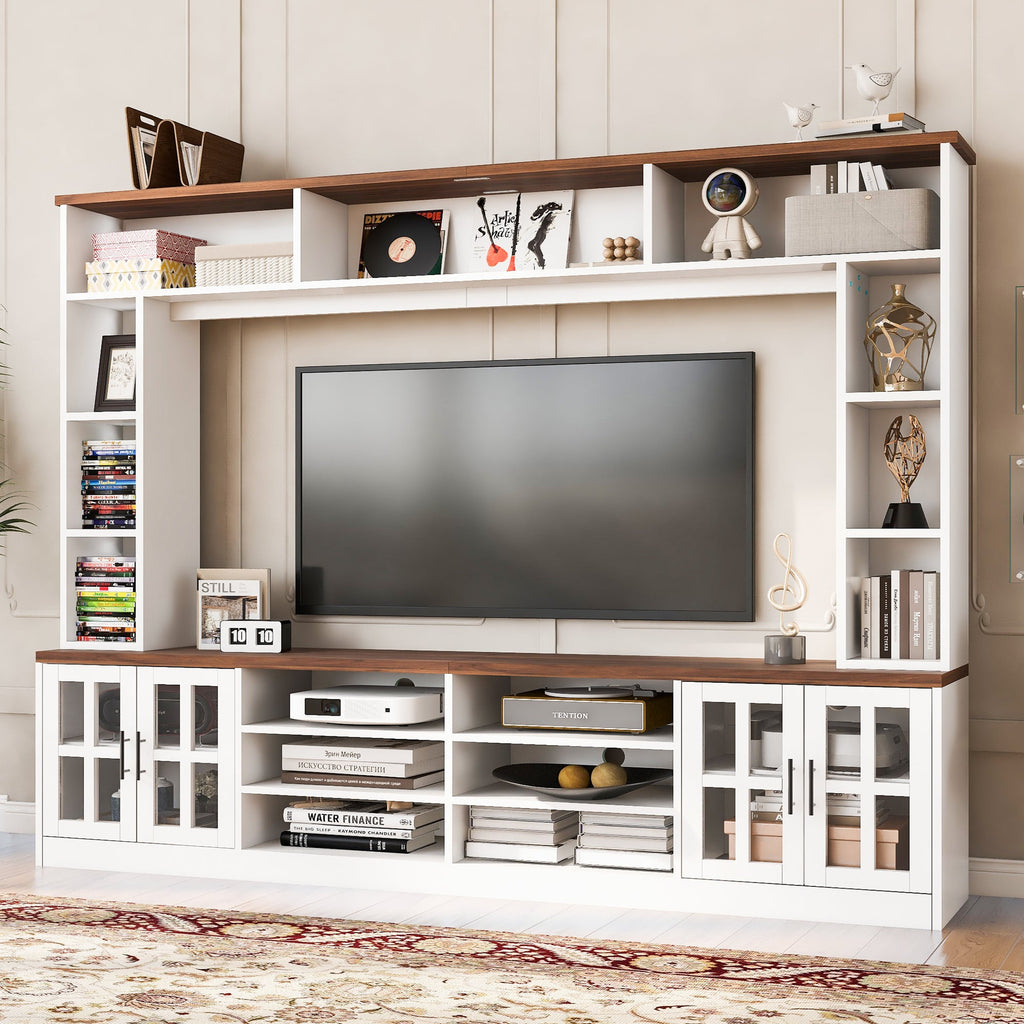 U-Can 95.5' W Wall Unit Entertainment Center with Bookshelves for TVs up to 80', Modern TV Stand Media Console with Cabinets, Tempered Glass Doors and Adjustable Shelves for Living Room