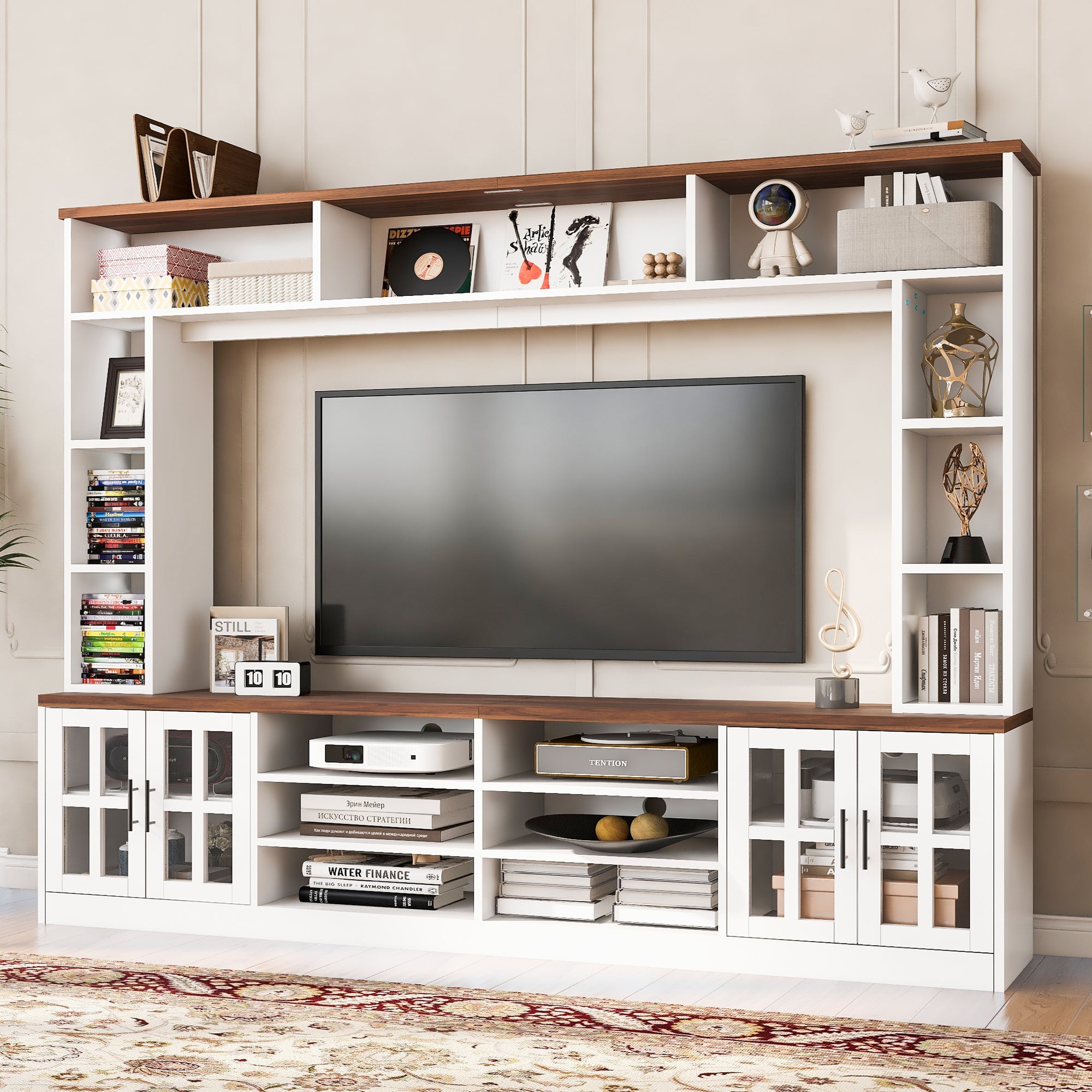 U-Can 95.5' W Wall Unit Entertainment Center with Bookshelves for TVs up to 80', Modern TV Stand Media Console with Cabinets, Tempered Glass Doors and Adjustable Shelves for Living Room