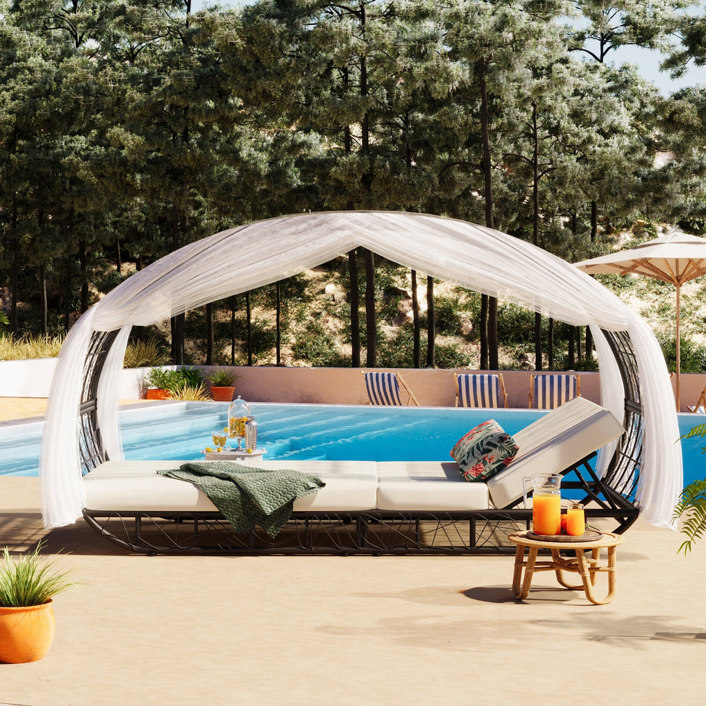 GO 90.55' Outdoor Patio Daybed with Curtain, Sunbed with Cushion and Colorful Pillow, Wicker Lounge Chairs Backrest Adjustable Recliners for Pool Garden Backyard, Beige Cushion, Black Wicker