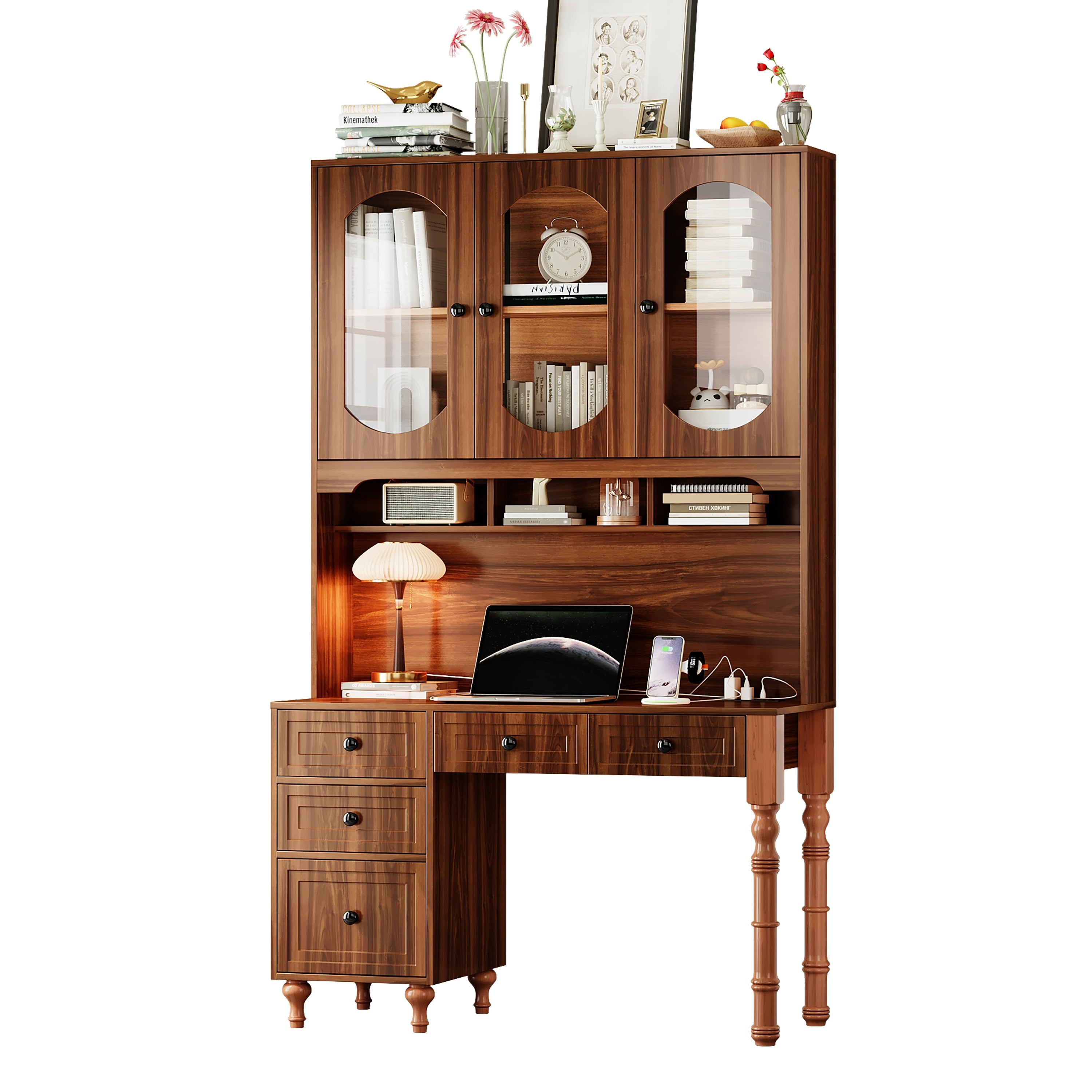 47'' Retro Desk with Charging Ports and Hutch Cabinet, Office Desk with 5 Storage Drawers and Transparent Glass-Door Bookshelf, Executive Computer Desk for Home Office, Bedroom, Walnut