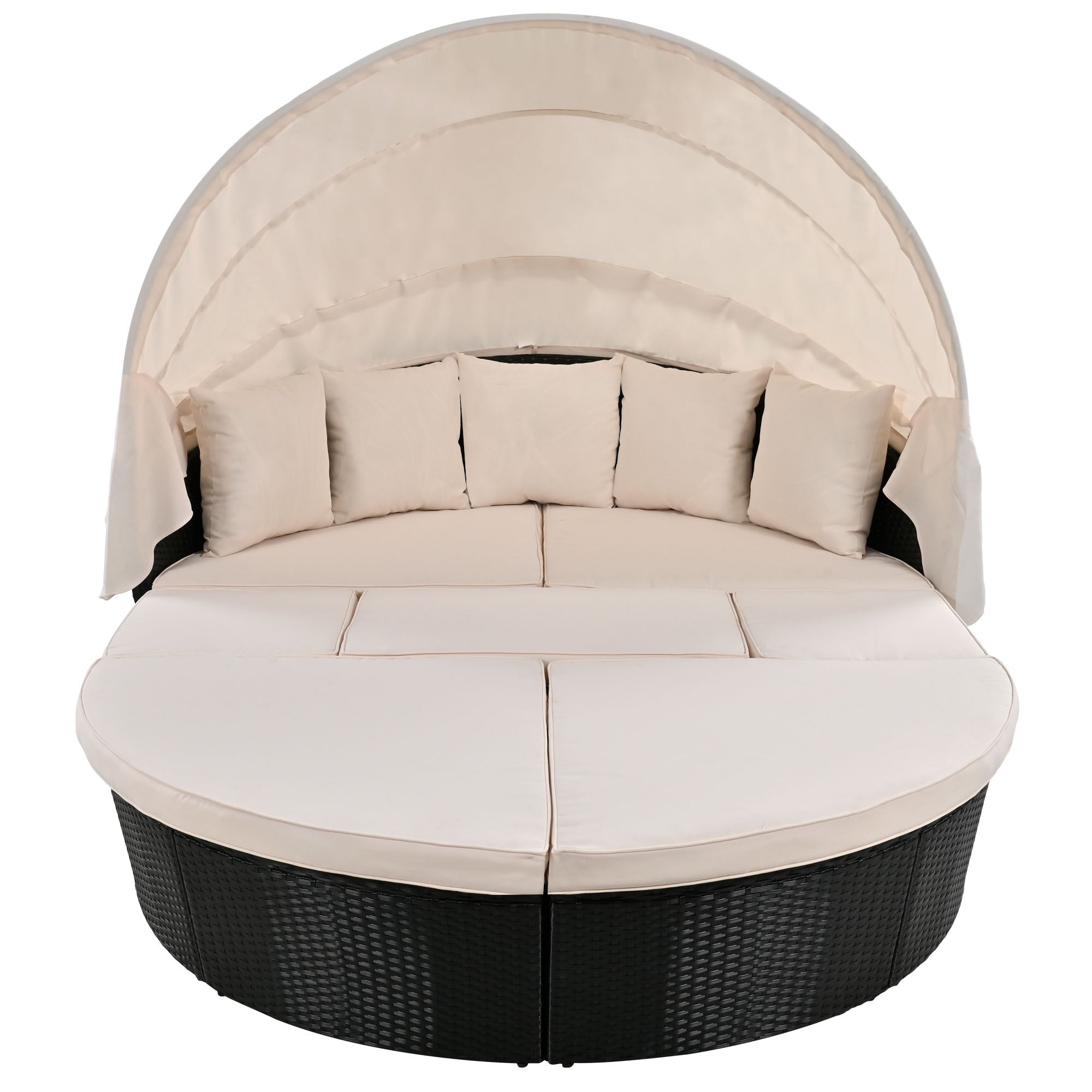 GO Outdoor rattan daybed sunbed with Retractable Canopy Wicker Furniture, Round Outdoor Sectional Sofa Set, black Wicker Furniture Clamshell Seating with Washable Cushions, Backyard, Porch, Beige