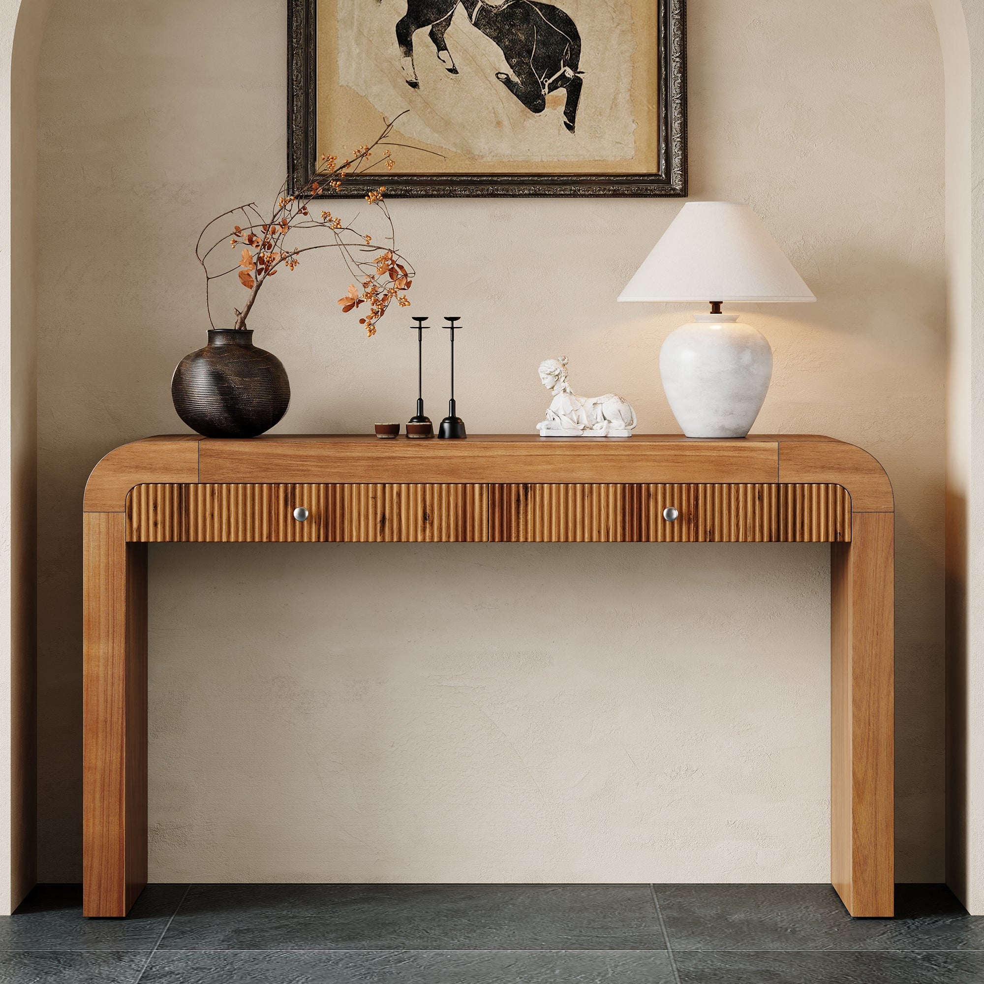 TREXM Rustic Console Table with Fluted Drawer Front, Entryway Table with Curved Corners & Thick Legs, Sturdy Sofa Table for Hallway & Living Room (Brown)