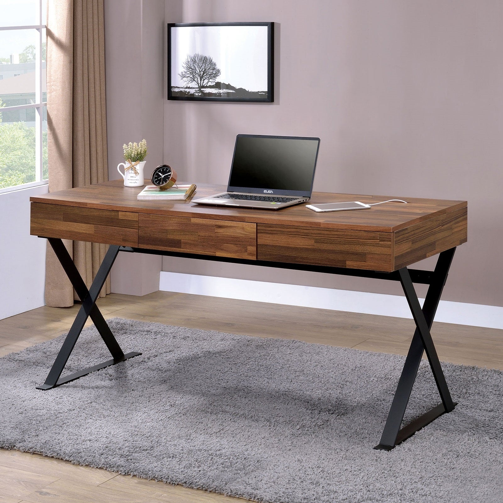 Industrial Computer Desk With Three Storage Drawers USB And Power Outlet, X-Cross Legs Black