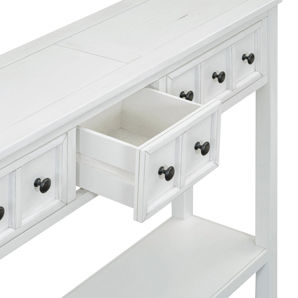 TREXM Rustic Entryway Console Table, 60" Long Sofa Table with two Different Size Drawers and Bottom Shelf for Storage (Antique White)