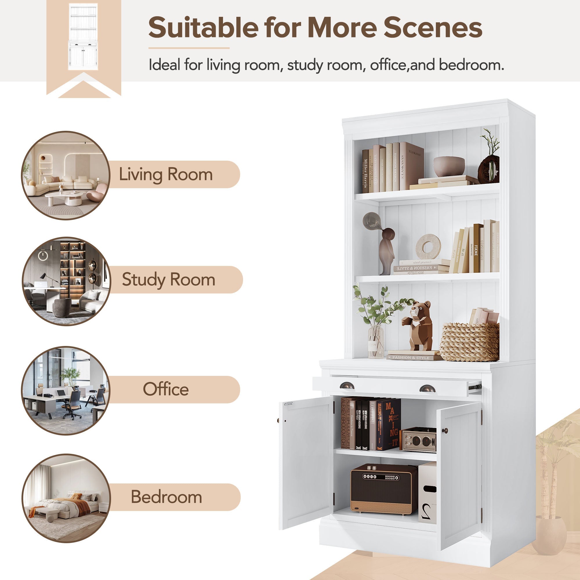 83.4"Tall Bookshelf Suite, Modern Bookcase Suite with LED Lighting,Doors and Drawers,2-Piece Set Storage Bookcase with Open Shelves for Living Room,Home Office,White