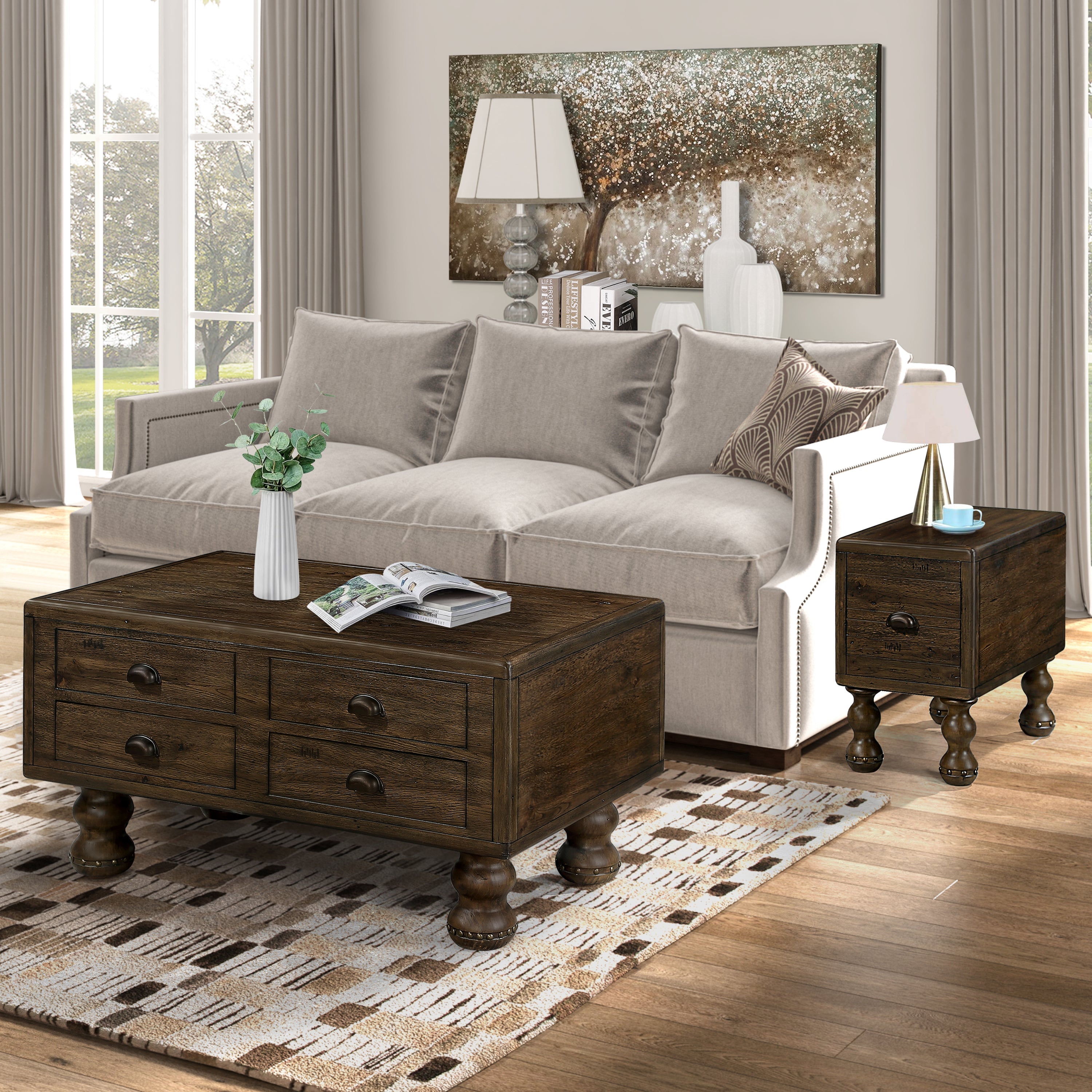 Rectangle Living Room Coffee Table Set,  3-Piece Solid Wood Living Room Table Set, 1 Coffee Table and 2 End Table, Wood Center Table Tea Table Set with Rivet Decoration Legs.Espresso