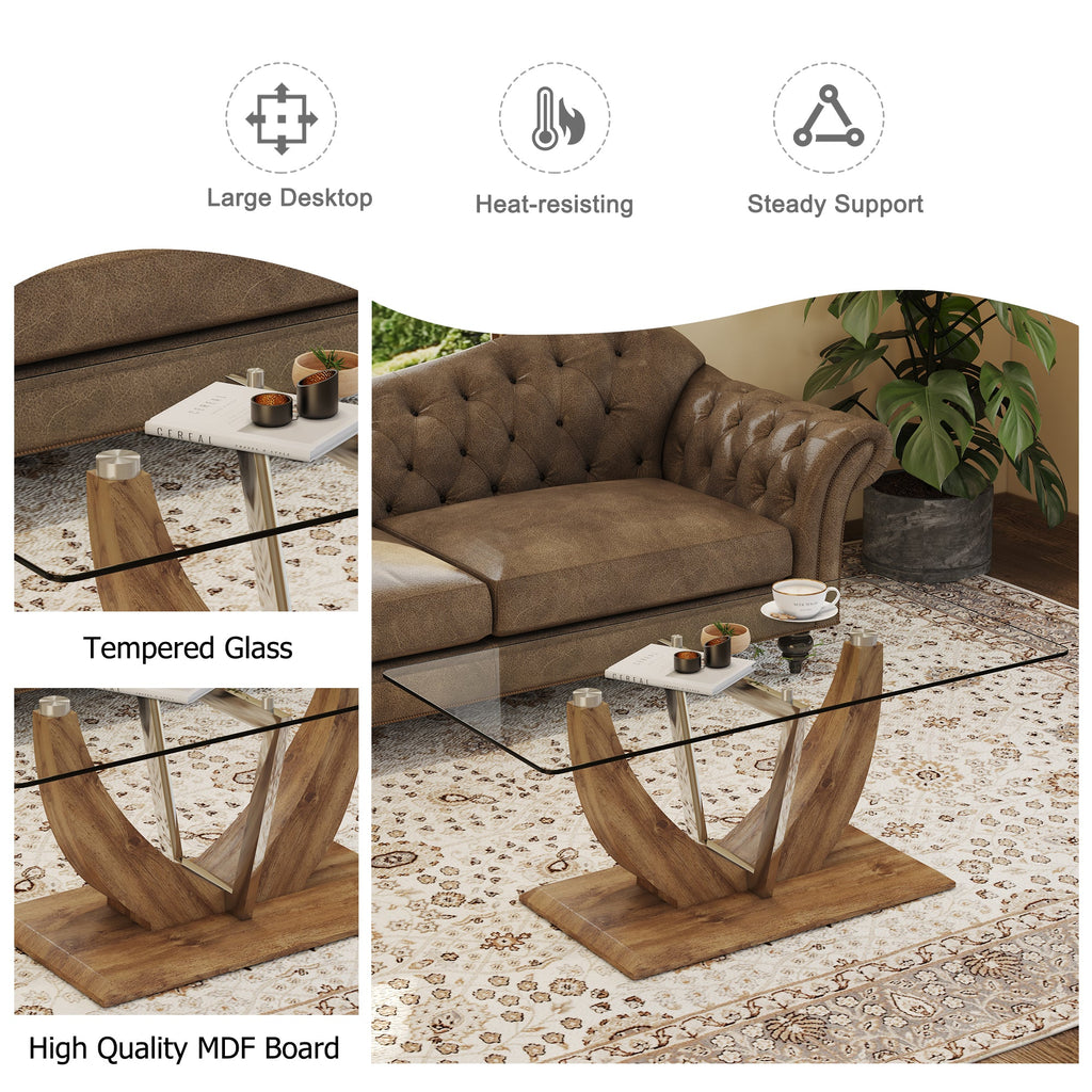 Modern minimalist transparent tempered glass coffee table with wooden MDF legs and stainless steel decorative columns. Computer desk. Game table. CT-907