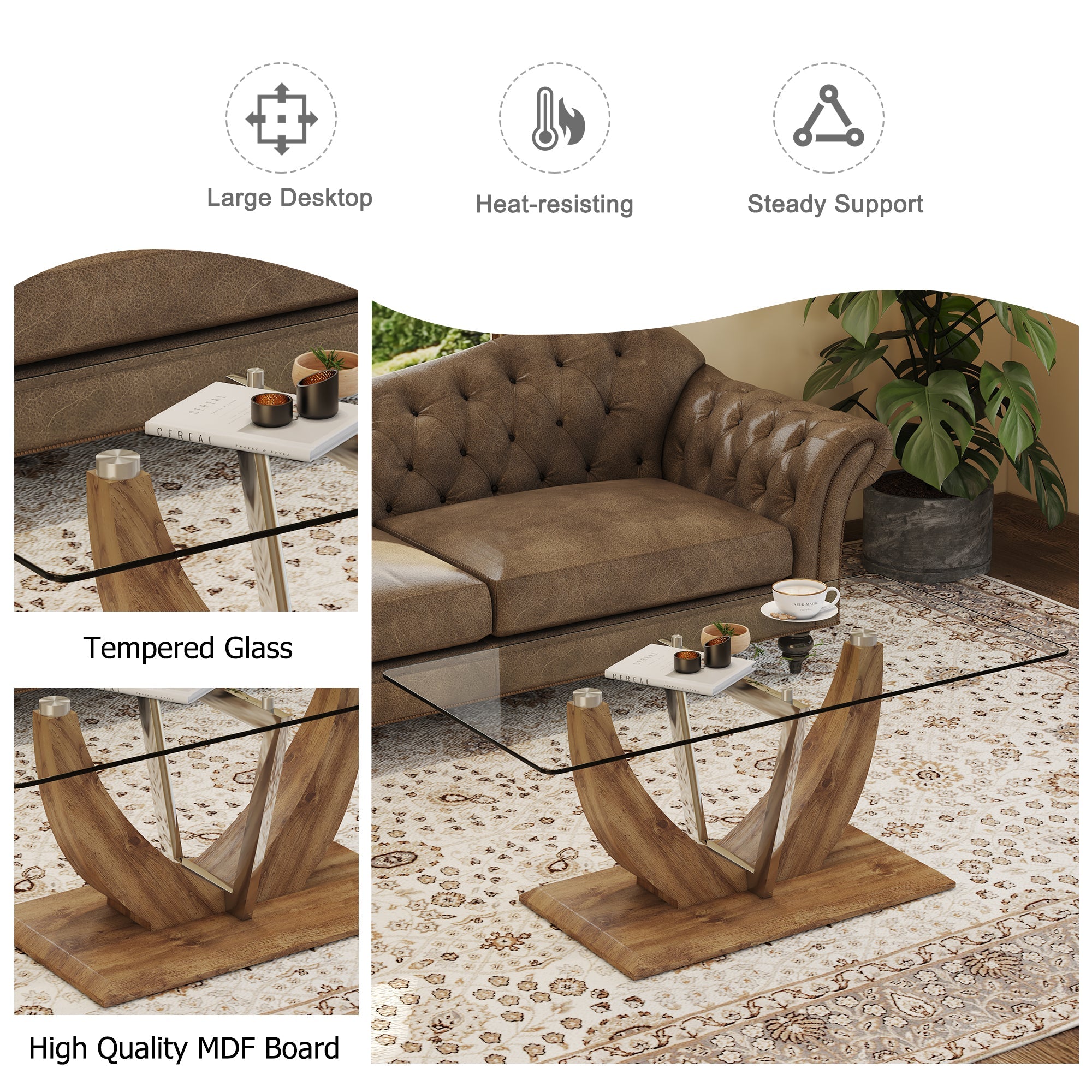 Modern minimalist transparent tempered glass coffee table with wooden MDF legs and stainless steel decorative columns. Computer desk. Game table. CT-907