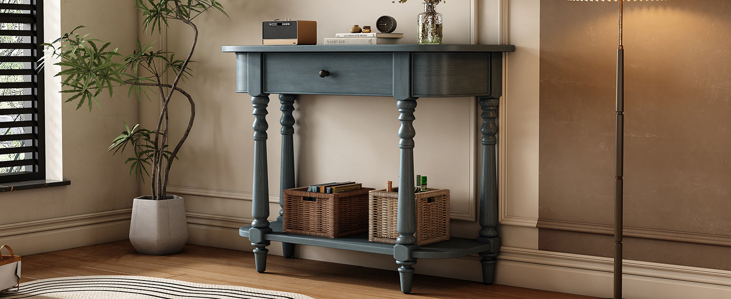 TREXM Narrow Console Table with Curved Corner, Retro Entryway Table with Top Drawer and Open Shelf, Sofa Table Console Tables for Entryway, Hallway and Living Room (Navy)