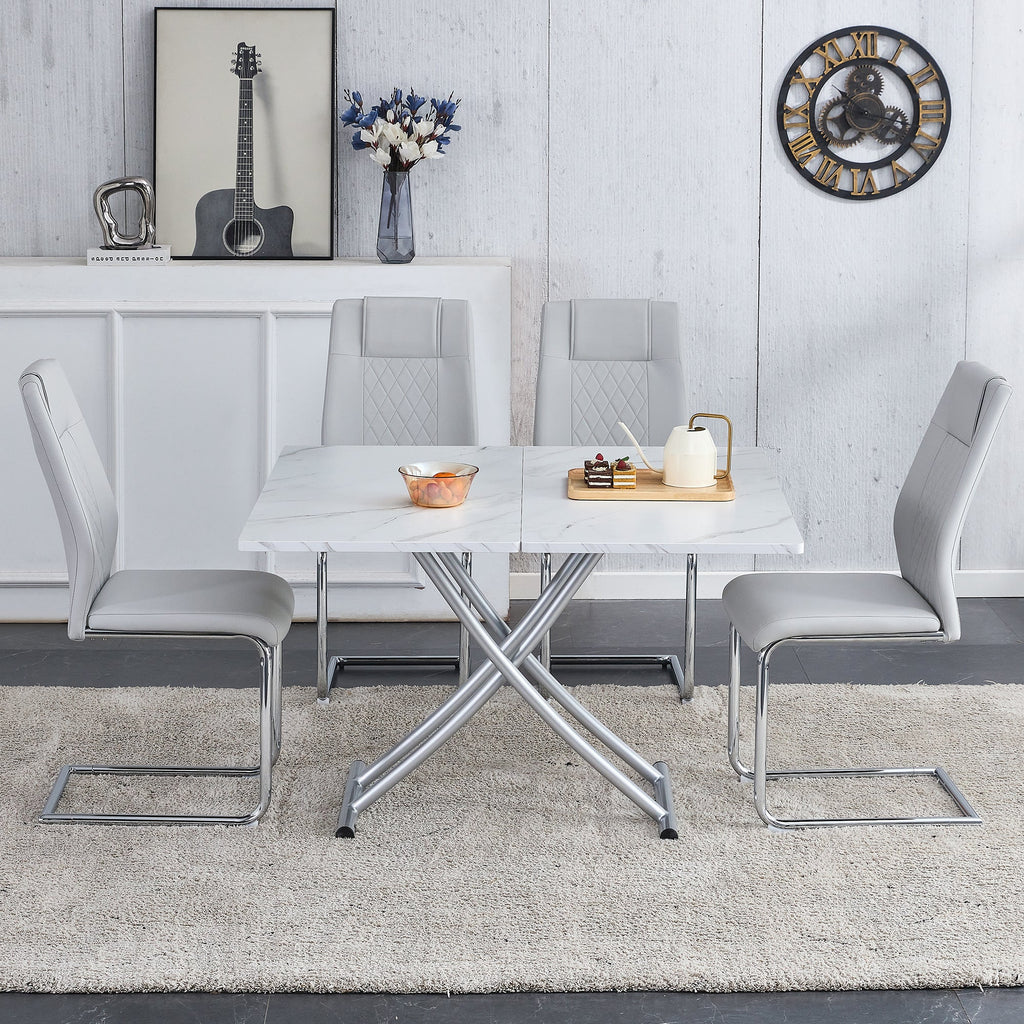 Modern minimalist multifunctional lift table with 0.8 inch MDF desktop and silver metal legs, can be used as a dressing table, coffee table, dining table, and office table