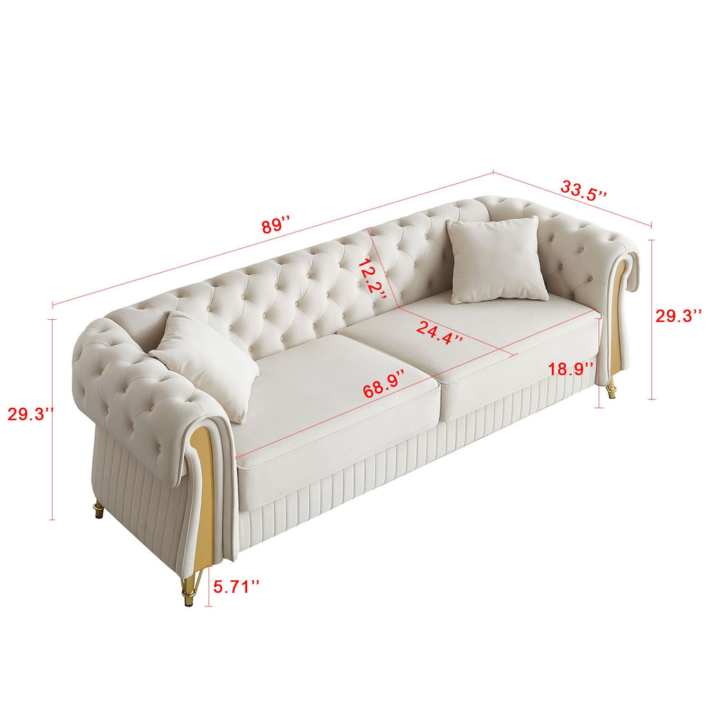 89''W Chesterfield Modern Tufted Velvet Living Room Sofa with Two Seat Cushions and Two Toss Pillows,Beige