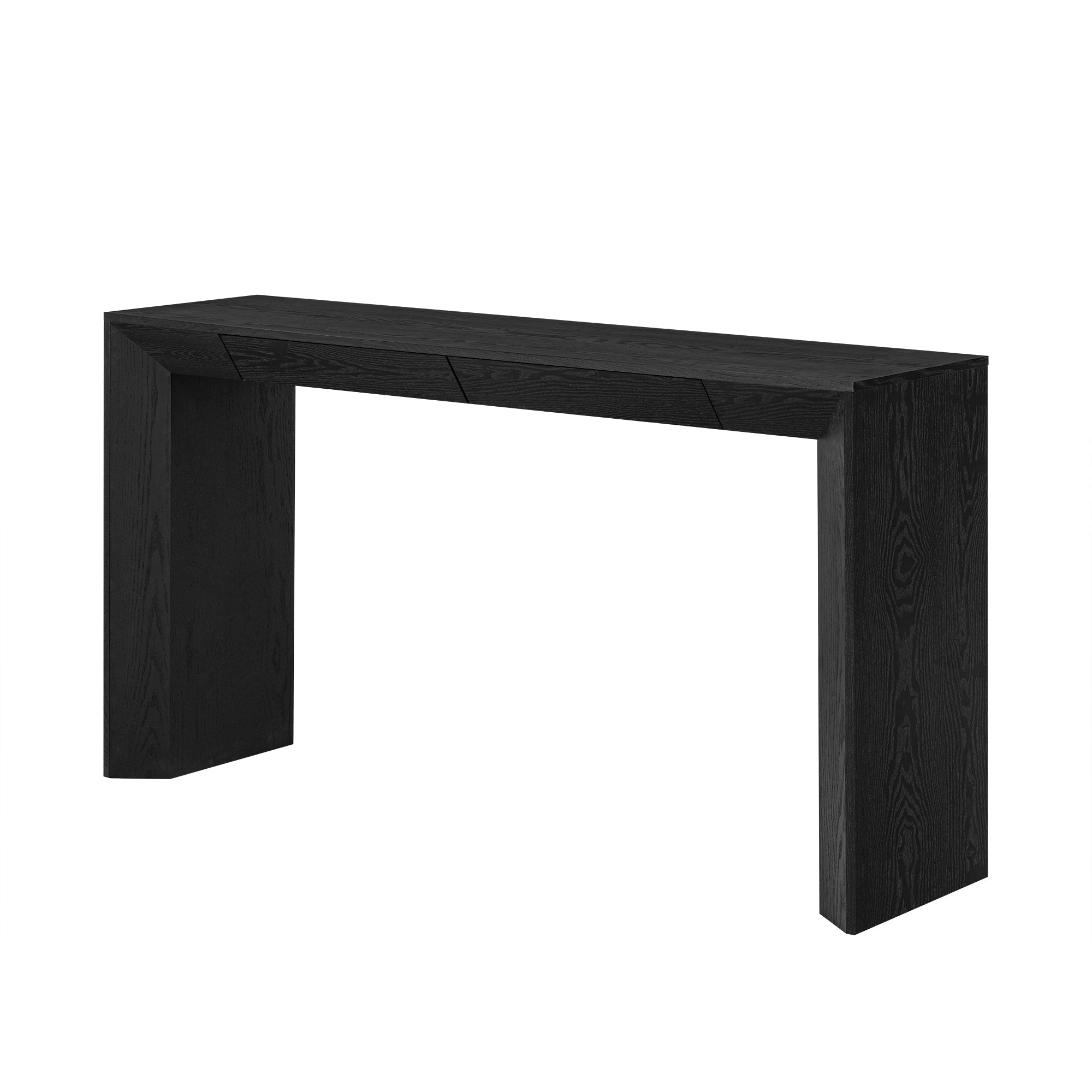 TREXM 60' Modern Farmhouse Console Table with 2 Concealed Drawers, Waterfall Design Entryway Table with Thickened Legs & Rustic Wood Grain for Living Room, Entryway & Hallway (Black)