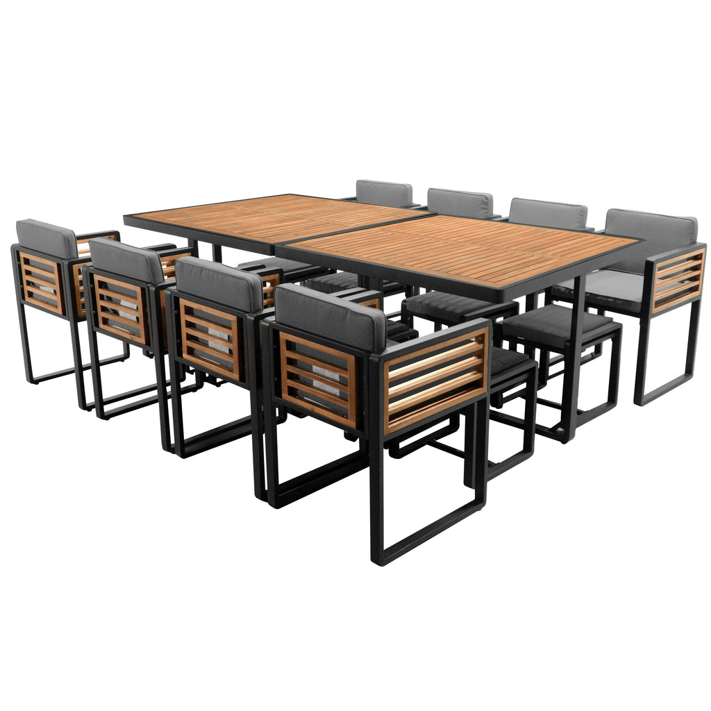 GO 18-Pieces Acacia Wood Patio Dining Set, Space Saving Outdoor Patio Set, 8 Cushioned Chairs & 8 Ottomans & 2 Square Table, for Backyard, Garden, Deck and Poolside, Gray