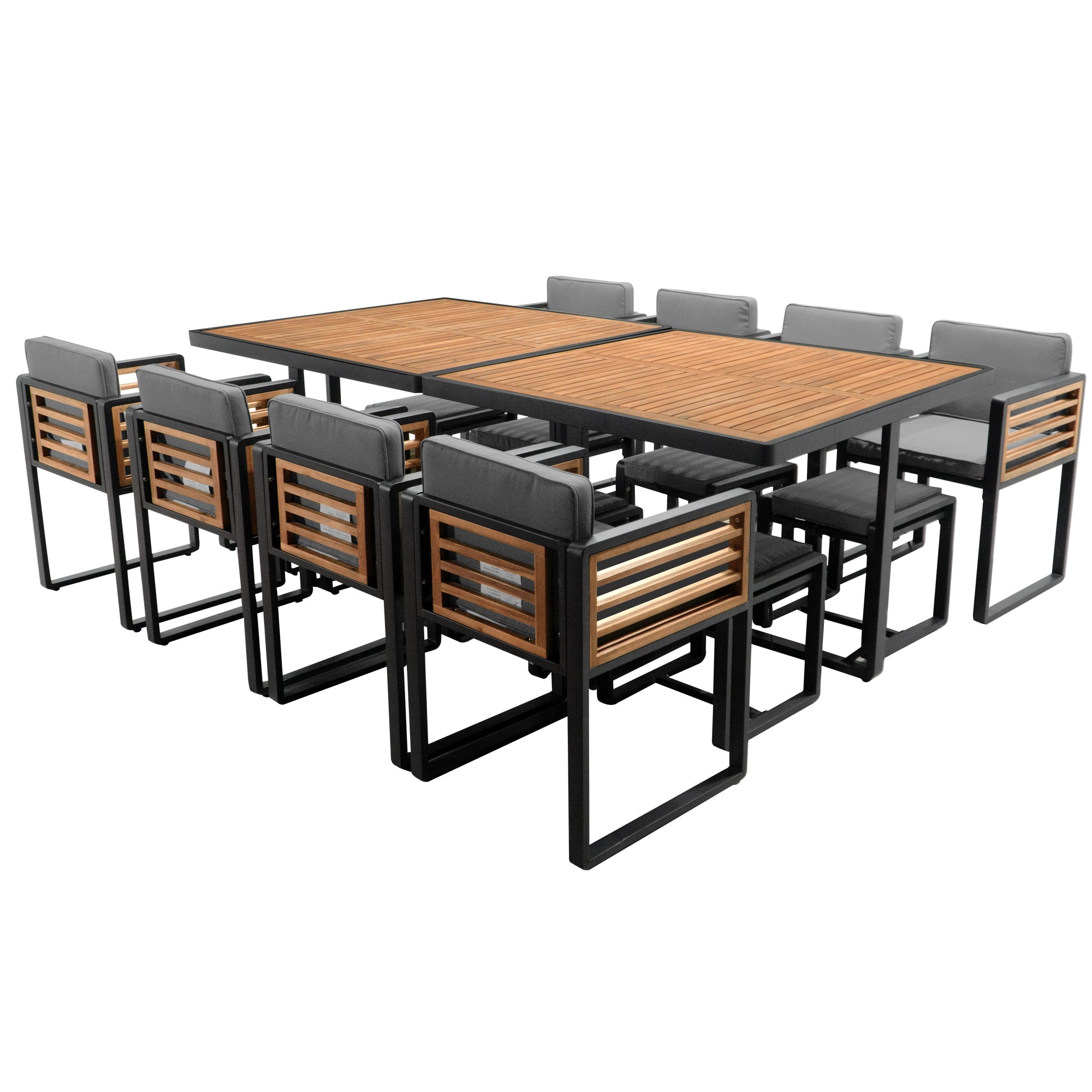 GO 18-Pieces Acacia Wood Patio Dining Set, Space Saving Outdoor Patio Set, 8 Cushioned Chairs & 8 Ottomans & 2 Square Table, for Backyard, Garden, Deck and Poolside, Gray