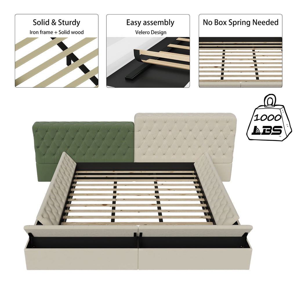 Contemporary Special-shaped Fully Upholstered Bed with Deep Button Tufting and Storage Compartments in Rails and Footboard,No Box Spring Needed,King,Beige