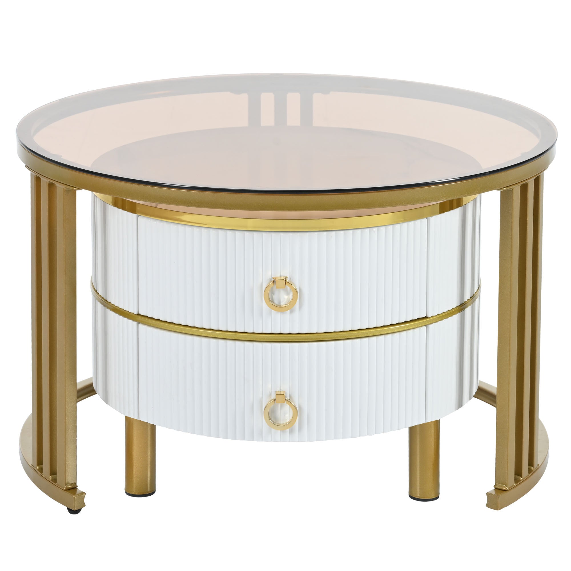 ON-TREND Φ27.5'' & Φ19.6'' Stackable Coffee Table with 2 Drawers, Nesting Tables with Brown Tempered Glass and High Gloss Marble Tabletop, Set of 2, Round Center Table for Living Room, White