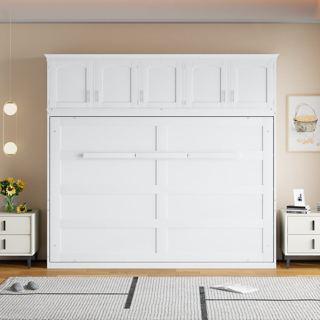 Queen Size Murphy Bed Wall Bed with Top Cabinets,White