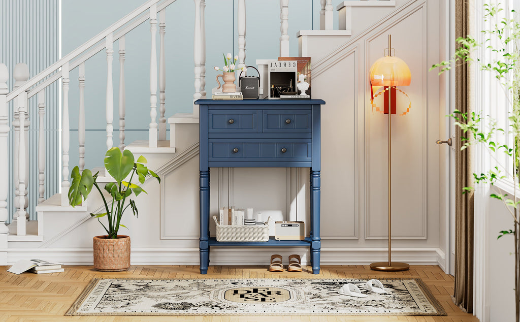 TREXM Narrow Console Table, Slim Sofa Table with Three Storage Drawers and Bottom Shelf (Navy)