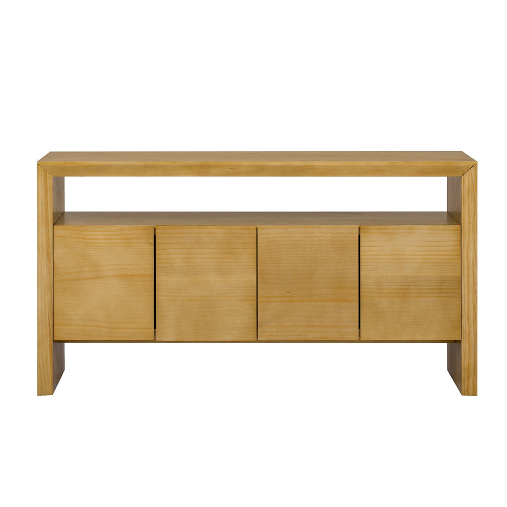 U_Style 60' 4-Door Sideboard, Modern Minimalist Solid Wood Veneer Sideboard with Open Shelf, Natural Wood Grain, Large Capacity Storage Console for Living Room, Hallway, Dining (Black/Natural)