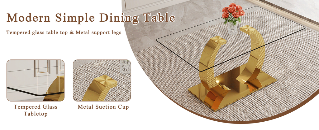 63 x 35.4 x 30-inch Transparent Glass Dining Table - A Perfect Blend of Durability and Elegance.Transparent Tempered Glass Tabletop,Golden stainless steel metal table legs.