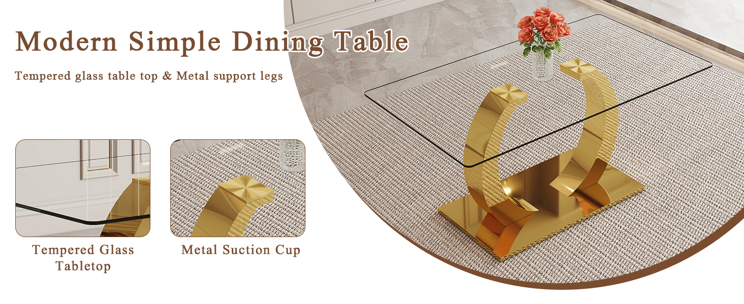 63 x 35.4 x 30-inch Transparent Glass Dining Table - A Perfect Blend of Durability and Elegance.Transparent Tempered Glass Tabletop,Golden stainless steel metal table legs.