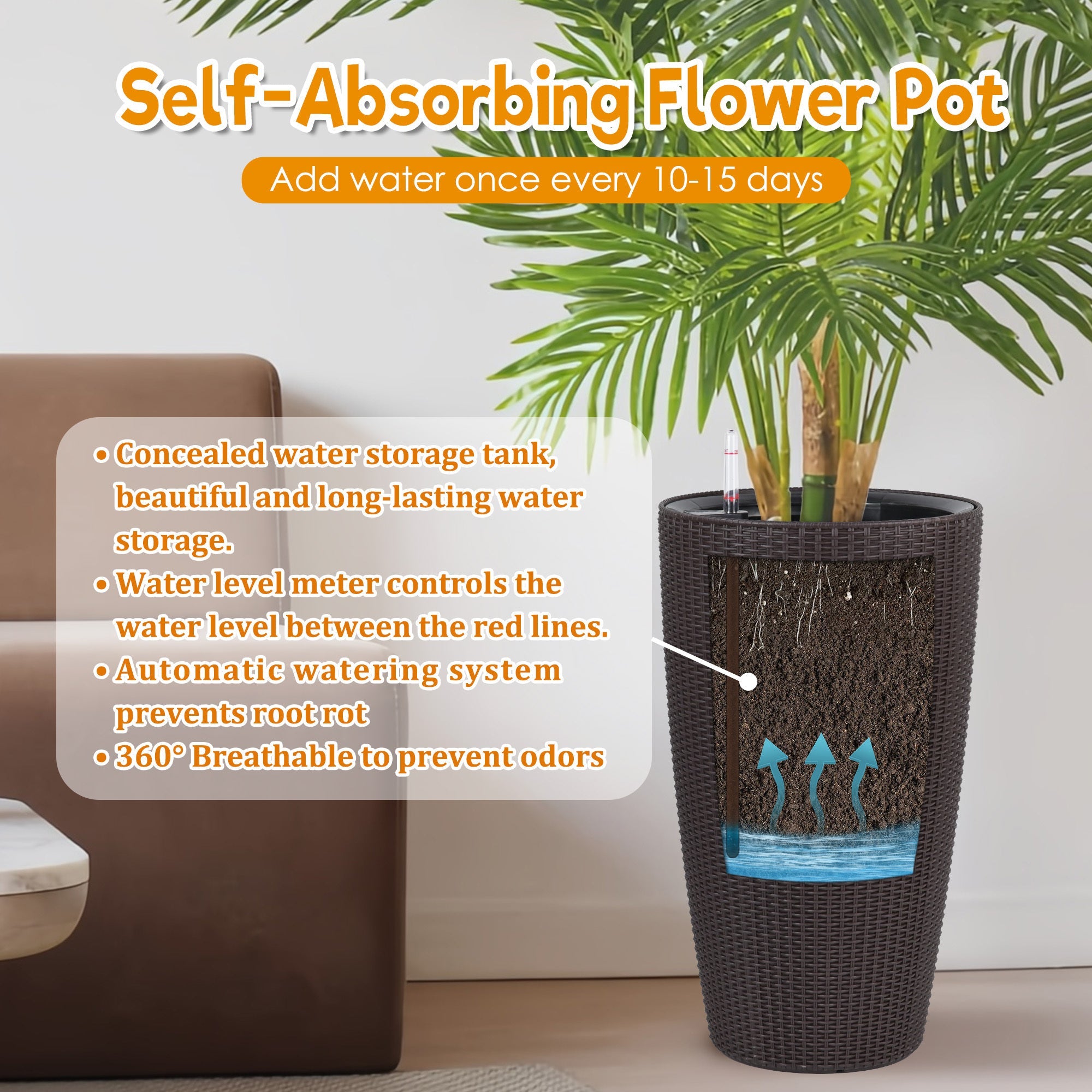 Faux Rattan Tall Planters Set of 2 with Water Level Monitor and Automatic Watering, Brown, 22 Inch