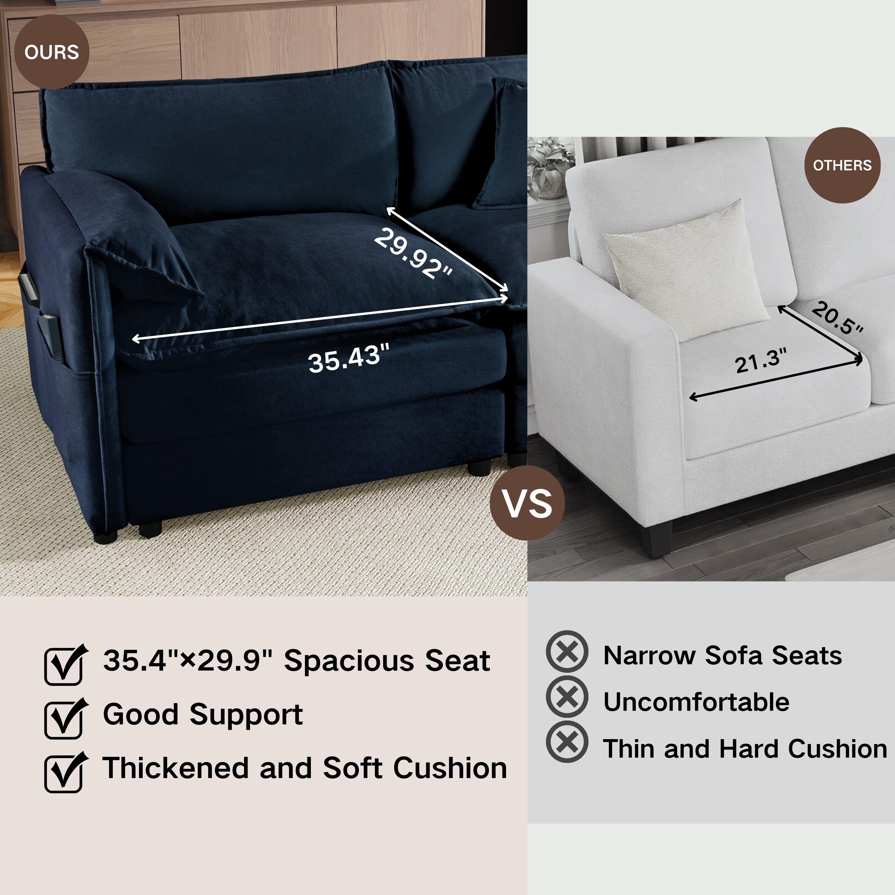 Modular Sectional Sofa, Oversized Deep Seat L Shaped Couch Set for Living Room, 3-Seater Comfy Cloud Couches with Movable Ottoman, DIY Combination, Chenille,Blue